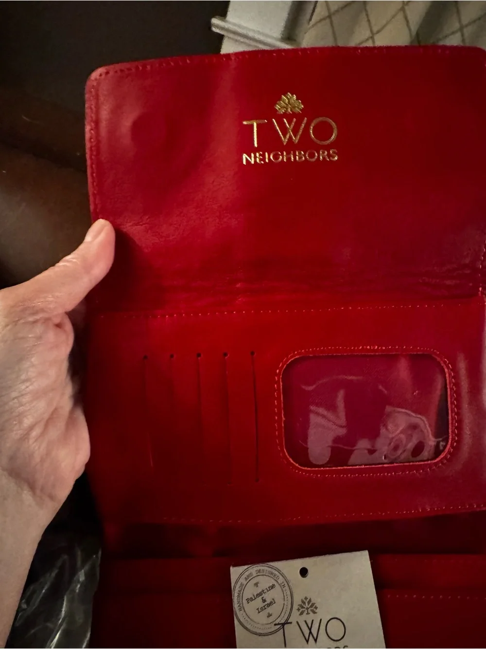 NWT Women's red leather wallet with card slots. Palestinian embroidery on front